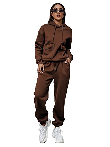 Makemechic Women's Casual 2 Piece Outfits Sweatsuits Pockets Pullover Hoodie Sweatshirt And Jogger Pants Set Chocolate Brown Xs #TOP1