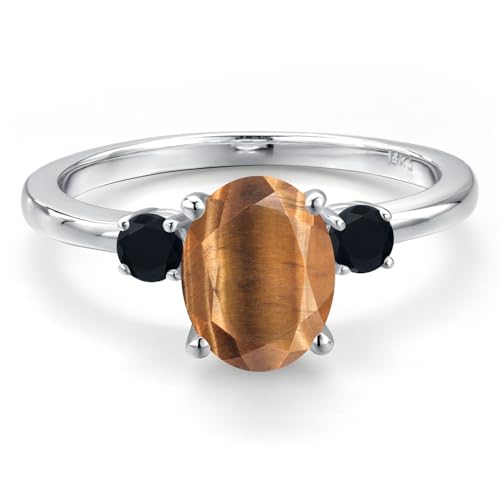 Gem Stone King 14K White Gold Brown Tiger Eye and Black Onyx Engagement Ring For Women | 1.70 Cttw | Oval 9X7MM | Gemstone Birthstone | Available in Size 5,6,7,8,93