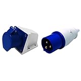 produit 1: Bleu Electraline 80868, Prise industrielle Murale inclinée, 32A, 2P + T, 380V, IP44, Bleu & 80855 Fiche électrique industrielle, IEC, 16A, 2P+E, 220V, IP44, Bleu
