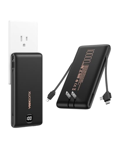 VEEKTOMX Portable Charger with Built in Cables 10000mAh Power Bank for iPhone with AC Wall Plug Fast Charging USB C Slim Battery Pack with LED Display Compatible with iPhone 17/16/15 Samsung