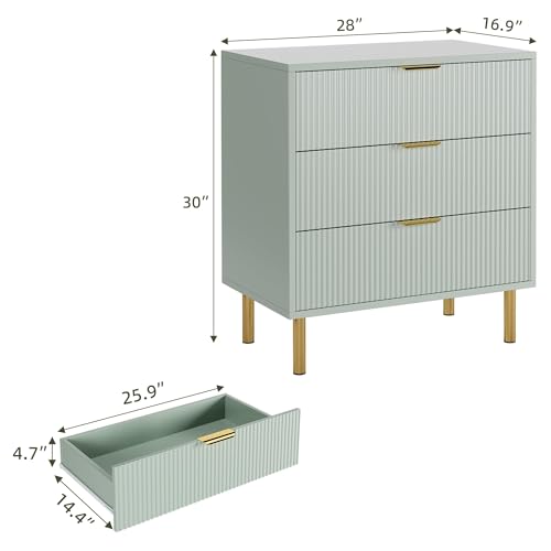 Green Dresser, Modern 3 Drawer Dresser for Bedroom with Gold Handle and Large Drawer, Wood Double Chest of Drawers and Storage Organizer for Living Room, Hallway, Entryway