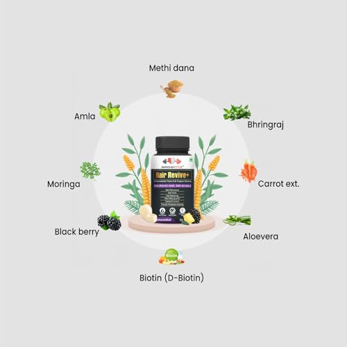 Image of Growfitz Hair Revive+ | Ayurvedic & 100% Natural | Hair Growth, Skin, Nails | For Men & Women - 30 veg tablets (Pack of 2)