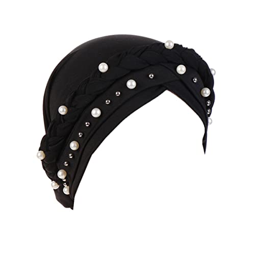 LIUPUUDLY Turbante Chemioterapia Donna Africano Cappello Elastico Turbante con perla Copricapo Bandane per Capelli (Nero)