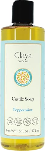 Image of Claya Peppermint Liquid Castile Soap with Organic Ingredients, Biodegradable, Gentle for Sensitive Skin, Versatile Use (16 fl oz Disc Cap)