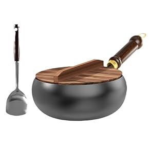 新品　鋳鉄/生鉄/中華鍋 麻製ハンドル 木製蓋付き Amazon | 中華鍋、炒め用中華鍋 木製蓋付き 11インチ、100%変形