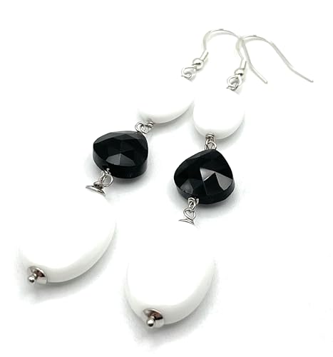 Boucles d'oreilles Agate Blanche Onyx Noir Argent 925 Bijoux Pierres de Gemmes Italie