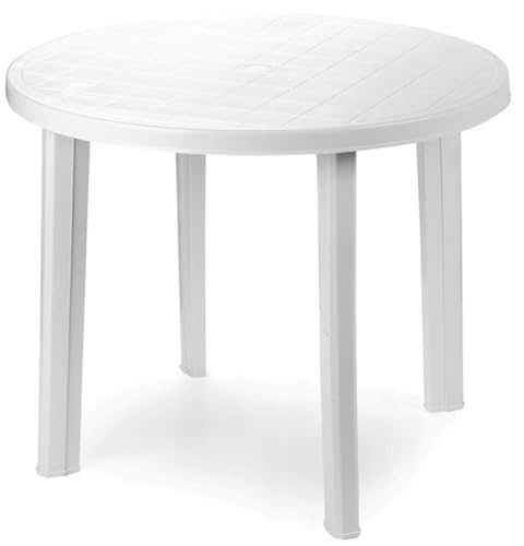 SF SAVINO FILIPPO Tavolo tavolino tondo diametro 90 cm Tolomeo in dura resina di plastica bianco con foro per ombrellone per esterno casa balcone bar sagra da giardino rotondo