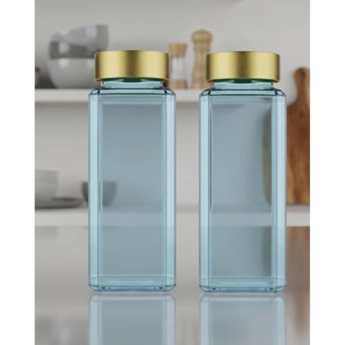 Image of CROCO JAR Wide Mouth Glass Water Bottle with Leak-Proof Airtight Double Layer Stainless Steel Lid for Water, Smoothie, Juices (500ML BLUE GOLDEN PK4)