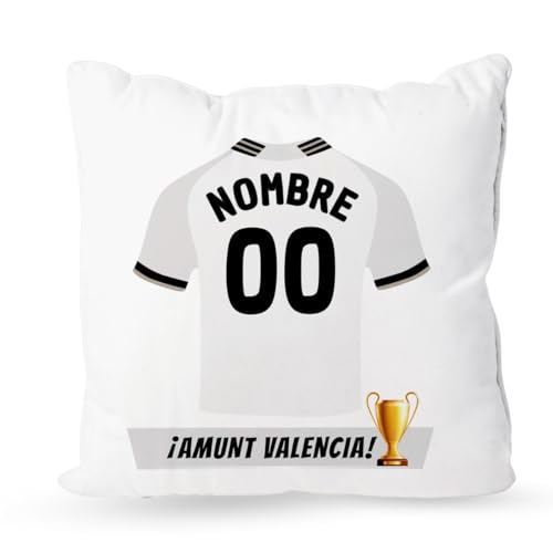 DEREGALOOS Cojín Personalizado con Nombre y Equipo de fútbol. Cojín Personalizado del Valencia. Regalo Original para Aficionados fútbol. Regalo fútbol Valencia. Relleno Incluido 35x35.