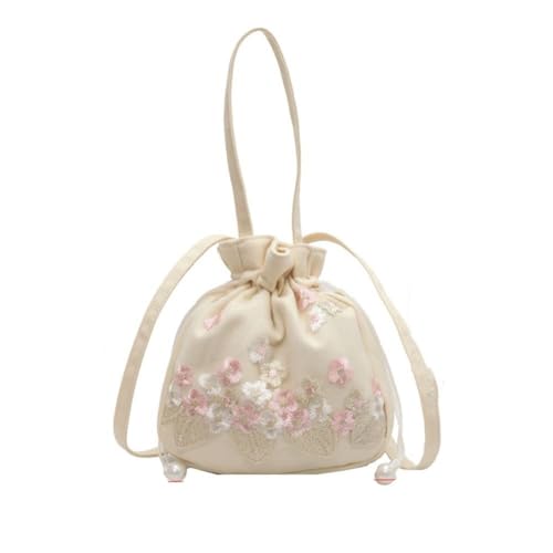 zaoalife Bolsa de accesorios antiguos, con cordones, estilo étnico, bordado floral, bolso de mano, Blanco, Talla única