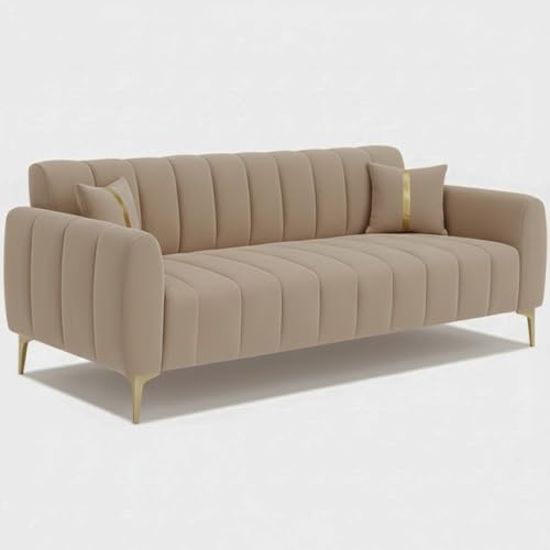 Image of FURNY Harmony 3 Seater Velvet Fabric Sofa Set (Beige) with Golden Finish Legs Durable & Comfortable Ideal for Living Room