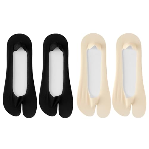FIYIGO 4 Pairs Tabi Socks for Women Ice Silk No Show Flip Flop Socks Split Toe Non Slip Low Cut for Loafers Sandals-2 Nude+2 Black