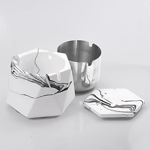 Freelove Concrete Ashtray With Lid & Stainless Steel Ashtrays For Cigarettes, Accelerated Cement Ash Tray Raw Weed Smoking Holders Indoor Outdoor Patio Home Office Cool Geometry Decor, White Marble B #TOP4