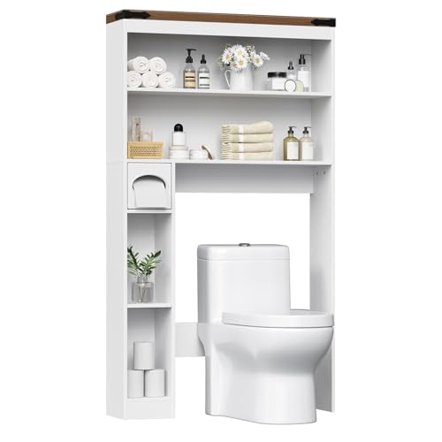 HOOBRO Over-The-Toilet Storage Rack, 3-Tier Freestanding Bathroom Shelves, Wooden Bathroom Organizer with Toilet Paper Holder, Farmhouse Space Saver, Laundry Room, White and Walnut WH20TS01