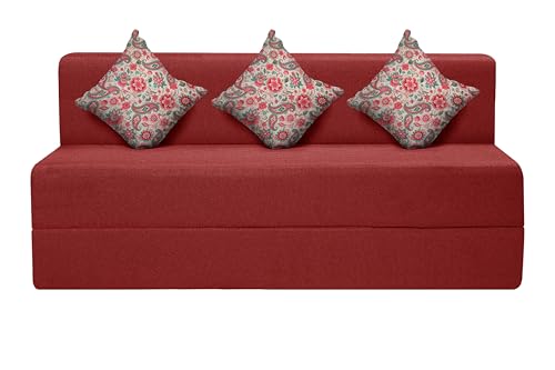 Image of Three Seater Sofa Cum Bed Jute Fabric 5 X 6 Ft| Space Saving Foldable Sofa Bed for Living Room & Guest Room | Comfortable Multi-Functional Furniture - Red