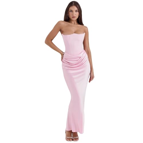 Image of ANKOMINA Women's Strapless Boned Corset Satin Dress Sexy Backless Pleated Stitching Dresses for Wedding Cocktail