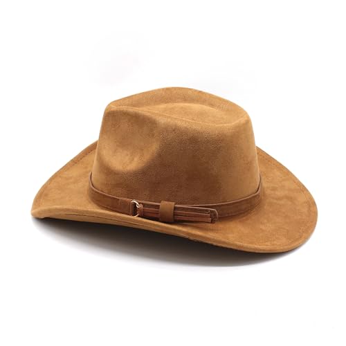 Image of Unisex Western Suede Cowboy Cowgirl Hat Classic Wide Brim Fedora Hat for Men &Women