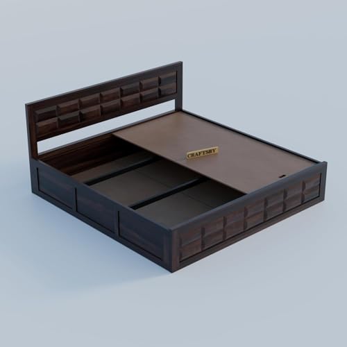 Image of Solid Sheesham Wood Queen Size Bed with Storage | Wooden Double Bed Cot for Bedroom & Home | Palang Double Bed with Designer Headboard | Walnut Finish | 81 x 62 Inch