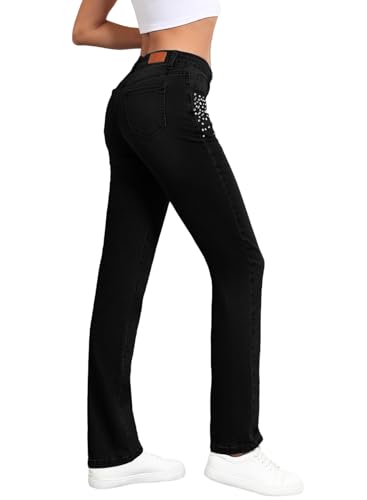 Sidefeel Women's Straight Leg Jeans High Waisted Stretchy Rhinestone Wide Leg Denim Pants2
