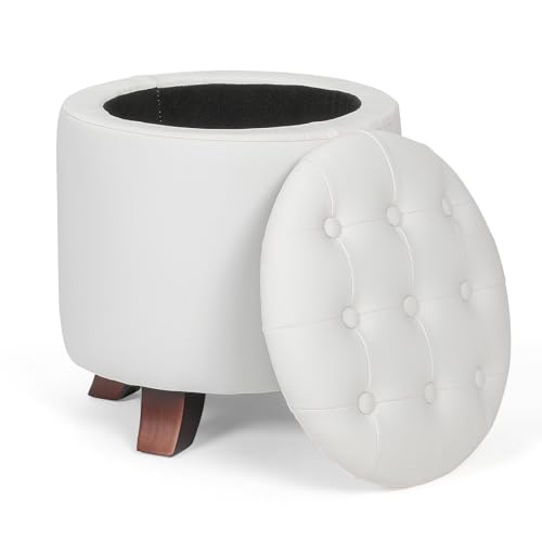 Athena Collection 15 Inch Small Ottoman with Storage, Round PU Leather Storage Ottoman Foot Rest with Removable Lid, Multipurpose Footstool Footrest for Living Room, Bedroom, Dorm, White