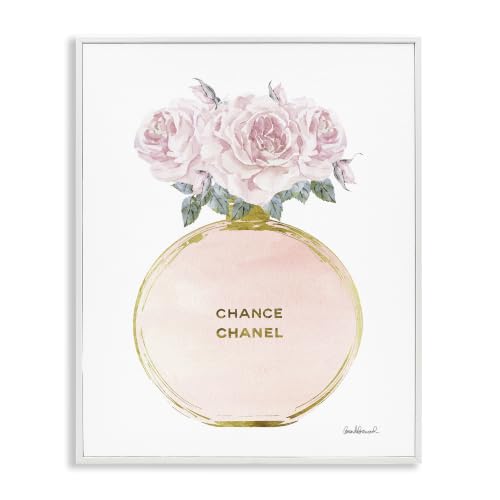'Pink and Gold Round Perfume Bottle with Roses'| Framed Giclee Art