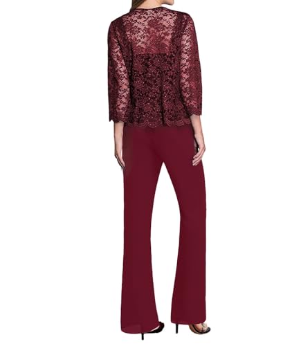 3 Pieces Mother of The Bride Pants Suits Chiffon Lace Evening Formal Dress for Wedding Guest Groom with Jacket2