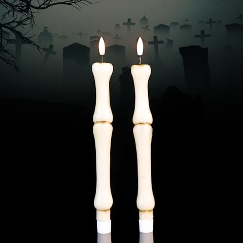 Image of Halloween Flameless Taper Candles with 6H Timer, 2 Pcs Hand-Painted Bone Sculpture Shape LED Candlesticks with 3D Flickering Flame for Home Fall Indoor Halloween Decor(0.78 x 11.6 Inches)