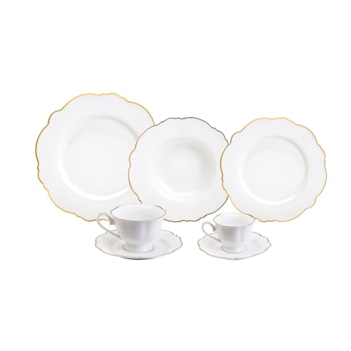 WOLFF - Aparelho de Jantar 42 Peças de Porcelana Maldivas Branco com Fio Dourado