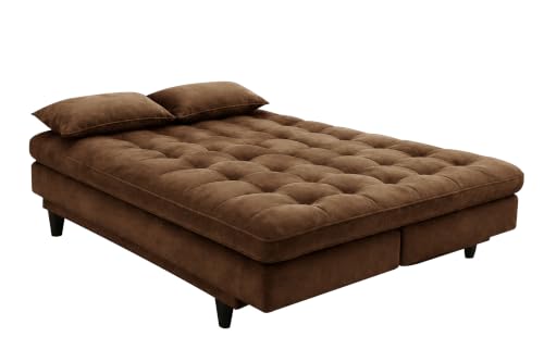 Image of 3-Seater Velvet Sofa Cum Bed | Tufted Convertible Sleeper Sofa | Plush Cushioned Seating | Space-Saving Design for Living Room, Bedroom & Office | Brown