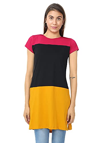 Image of FLEXIMAA Women's Cotton Round Neck Color Block Half Sleeve Long Top