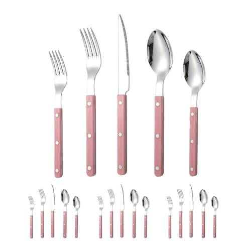 Rivet ABS Clamp Handle Kitchen Stainless Steel Silverware Tableware Flatware Cutlery Set Steak Knife Fork Spoon Teaspoon Western Tableware Butter Knife Set (Pink,20 pieces)