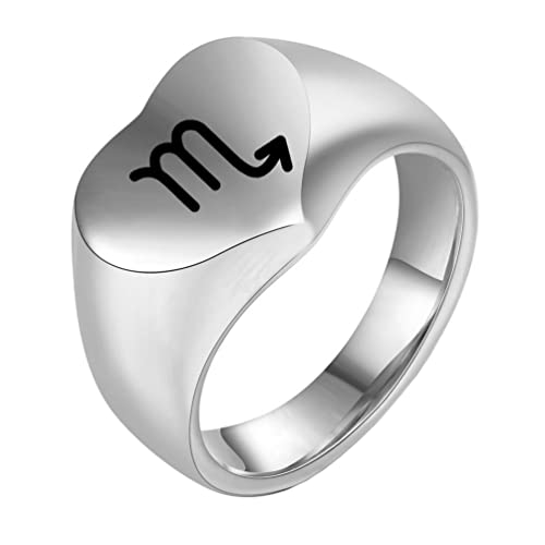Unisex Stainless Steel Simple Hip Hop Heart Cut 12 Constellation Zodiac Signet Ring 3 Colors