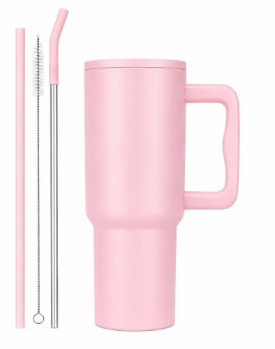 Image of WEZOSHINET 1200ml Stainless Steel Tumbler with Handle & Steel Straw | Double Wall Vacuum Insulated Mug | Spill Proof Lid | Beer & Cold Drink Travel Cup (40 - Oz - Pink)