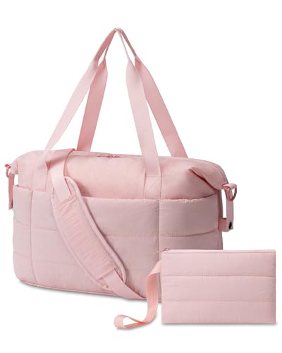 JUNGYOON Gym Bag for Women – Lightweight Weekender Overnight Bags with Toiletry Pouch, Quilted Travel Duffle Carry On Bag for Travel,Water Resistant（Pink）