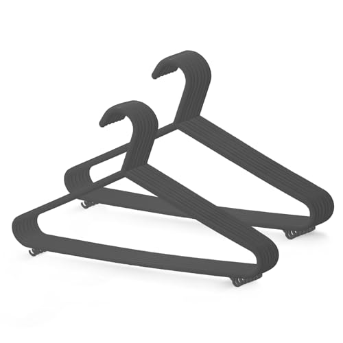 KEPLIN Adult Plastic Coat Hangers - 25pk, Strong Clothes Hangers for Clothes Rail & Closet, Clothing Hanger with Suit Pants Trouser Bar and Clips, Space Saving, 37.5 cm Wide (Charcoal)