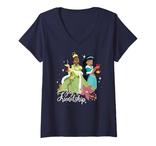 T-shirt Tiana et Jasmine Disney femme col V haut manches courtes mode