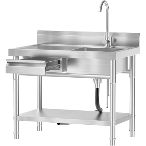 Image of 40 Inch Stainless Steel Utility Sink,Free Standing, Equipped With Hot and Cold Water Pipes, Workbench Drawers for Storage,Suitable for Kitchen, Bathroom, Farmhouse, and Outdoor Sinks.