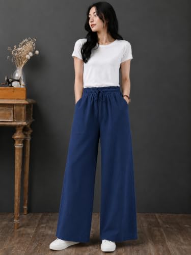 Image of LIRIT Womens Solid Color Wide Leg Trouser Pant with Drawstring Elastic Waist, Relaxed Fit, Full Length, Casual Lounge Palazzo Bottom