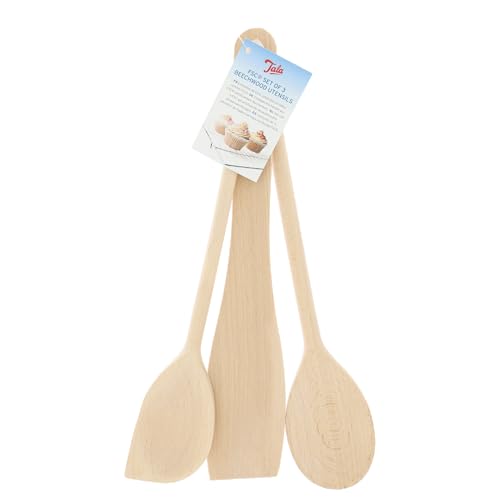 Tala Ustensiles de Cuisine en Bois Lot de 3 en Hêtre avec Spatule Cuillère et Racloir pour Remuer Retourner Servir Pâtisserie Cuisine et Poêles...