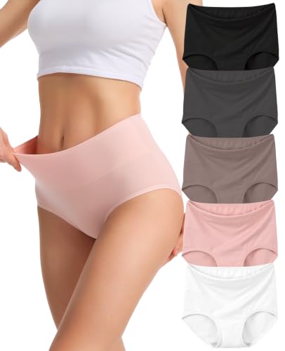 Image of Sunm Boutique Combed Cotton Underwear for Women, High Waisted Soft Briefs | Full Coverage Breathable Stretch Comfy Ladies Panties for Sensitive Skin Postpartum Yoga Work Everyday Wear