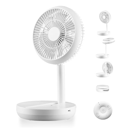 ILLUMYN Ventilador de pie, ventilador de suelo, control remoto de altura ajustable, plegable y portátil, 4 velocidades, súper silencioso, batería recargable de 7200 mAh, ventilador USB para el hogar