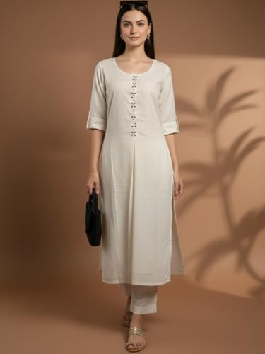 Image of Varanga Women Off-White Half-Sleeve Buttoned Kurta