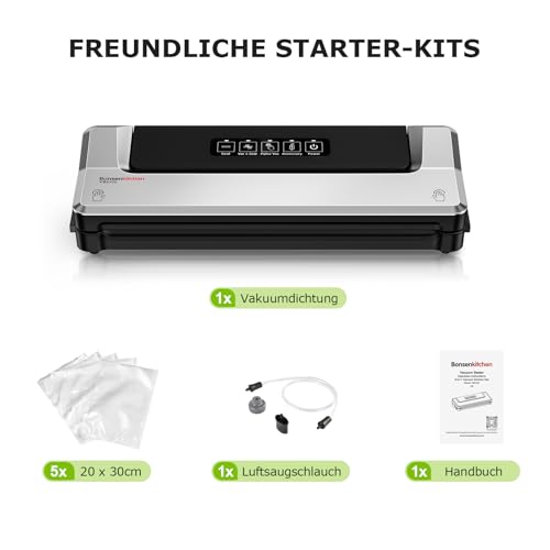 Bonsenkitchen Vakuumiergerät, Vakuumierer Folienschweißgerät für Sous Vide Kochen und Lebensmittel Bleiben bis zu 6x Länger Frisch, 5 Vakuumbeutel Inklusive (Sliber)