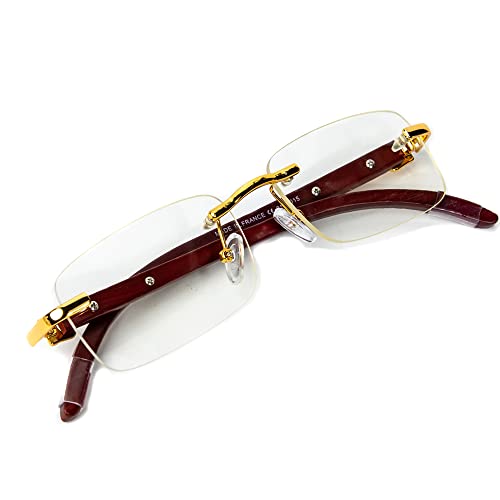 Street Knitted Men's Women's Rimless Vintage Small Woodgrain Rectangular 90's Retro Old School Gold Metal Frame Wood Arm Hip Hop Clear Lens Frameless Glasses Trendy Square Buffs Eye Glasses