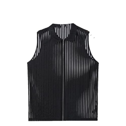 Men's Vertical Stripe Perspective Zipper Vests Male Thin Sleeveless Tank Tops