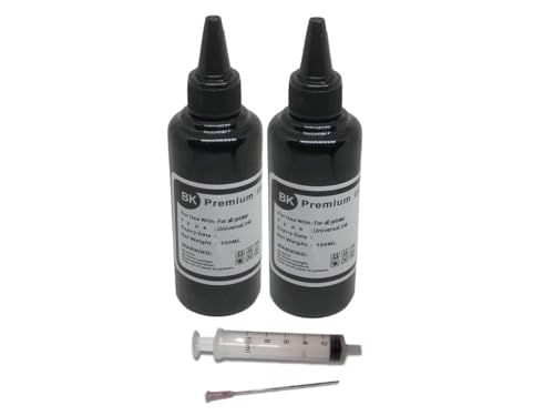 2 100ml Bottles of Refill Black ink for use in refilling ink cartridges and continuos ink systems ciss to replace ink in Epson, HP, Lexmark,Canon Brother printers complete with Syringe