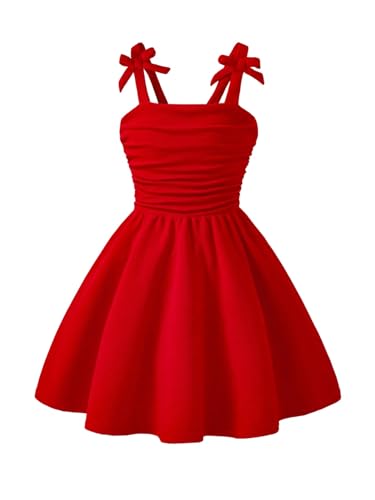 WDIRARA Girl's Bow Sleeveless A Line Mini Dress Ruched Ruffle Swing Cami Dresses