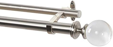 Deco Window Silver Double Curtain Pole for Windows and Door Curtains Extendable 91 cm to 168 cm, Satin Silver Metal Drapery Rod / Rail with Acrylic Ball Finials & Brackets Set (25/22 MM)