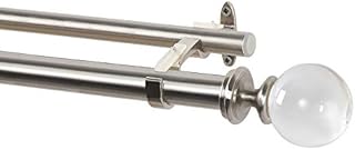 Deco Window Silver Double Curtain Pole for Windows and Door Curtains Extendable 91 cm to 168 cm, Satin Silver Metal Drapery Rod / Rail with Acrylic Ball Finials & Brackets Set (25/22 MM)