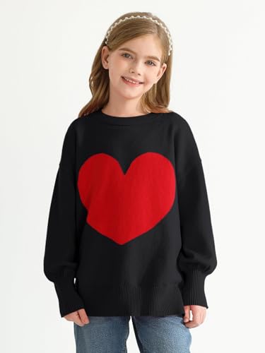 Haloumoning Girls Oversized Sweaters Kids Fashion Heart Batwing Sleeve Ribbed Knit Side Slit Pullover Tops2